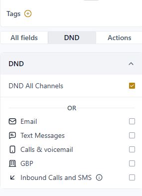 A contact's DND panel — "DND All Channels" means they've opted out