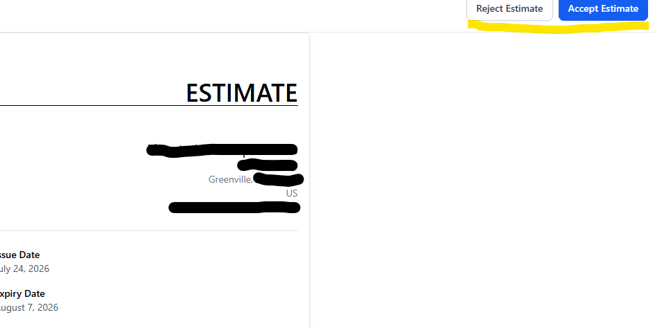 The Reject Estimate button, top right of an open estimate