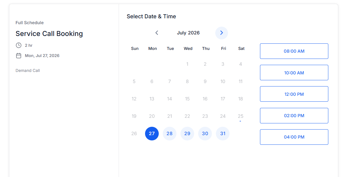 What your customer sees — pick a time, enter details, done