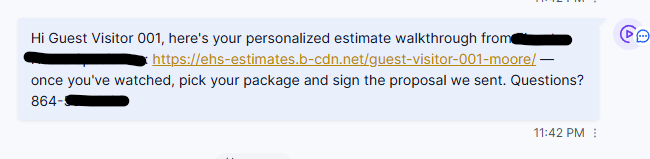 The delivery text — a personal walkthrough link, straight to their phone