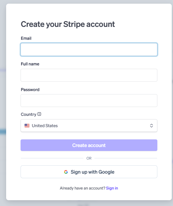 Creating your free Stripe account at stripe.com